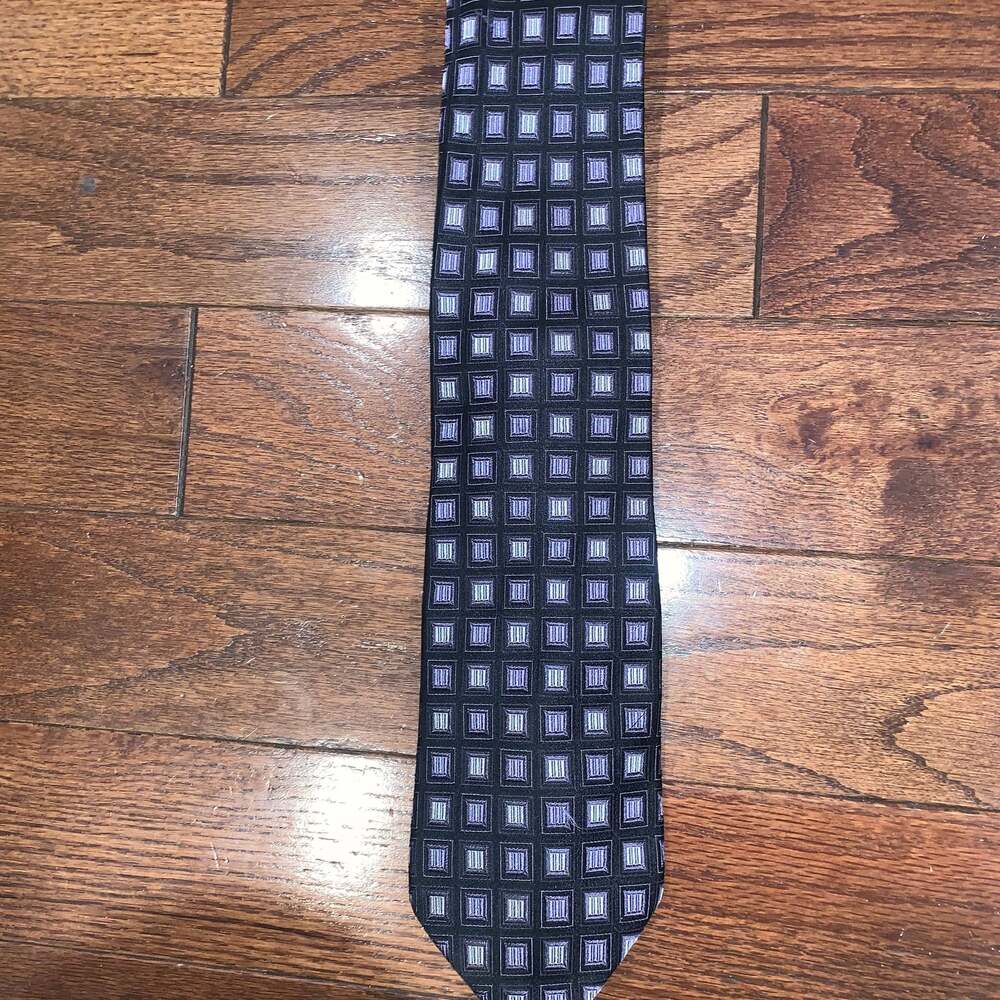 Valerio Garati Mens Handmade Pure Silk Geometric Black‎ & Gold Necktie